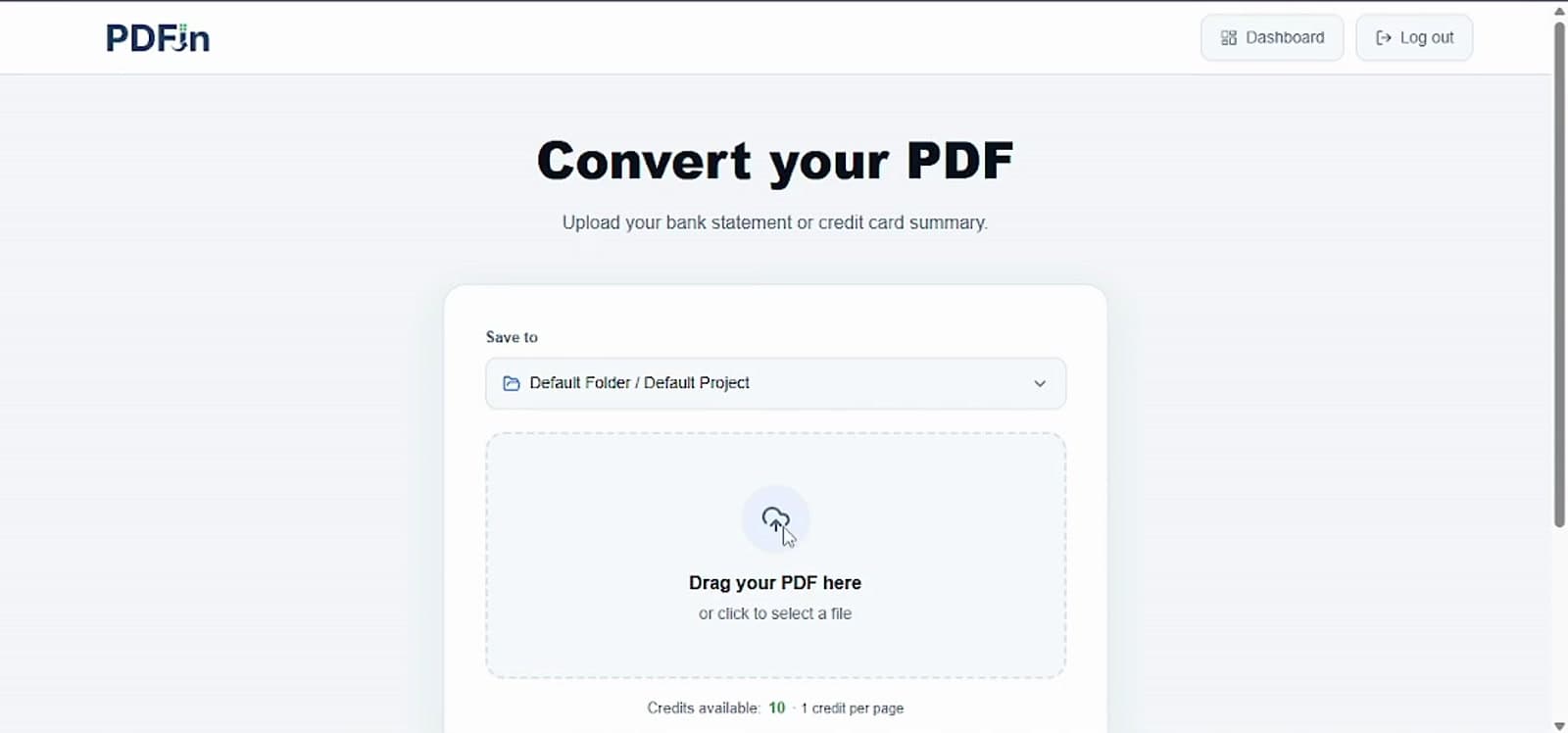 PDFin upload screen for a bank statement PDF