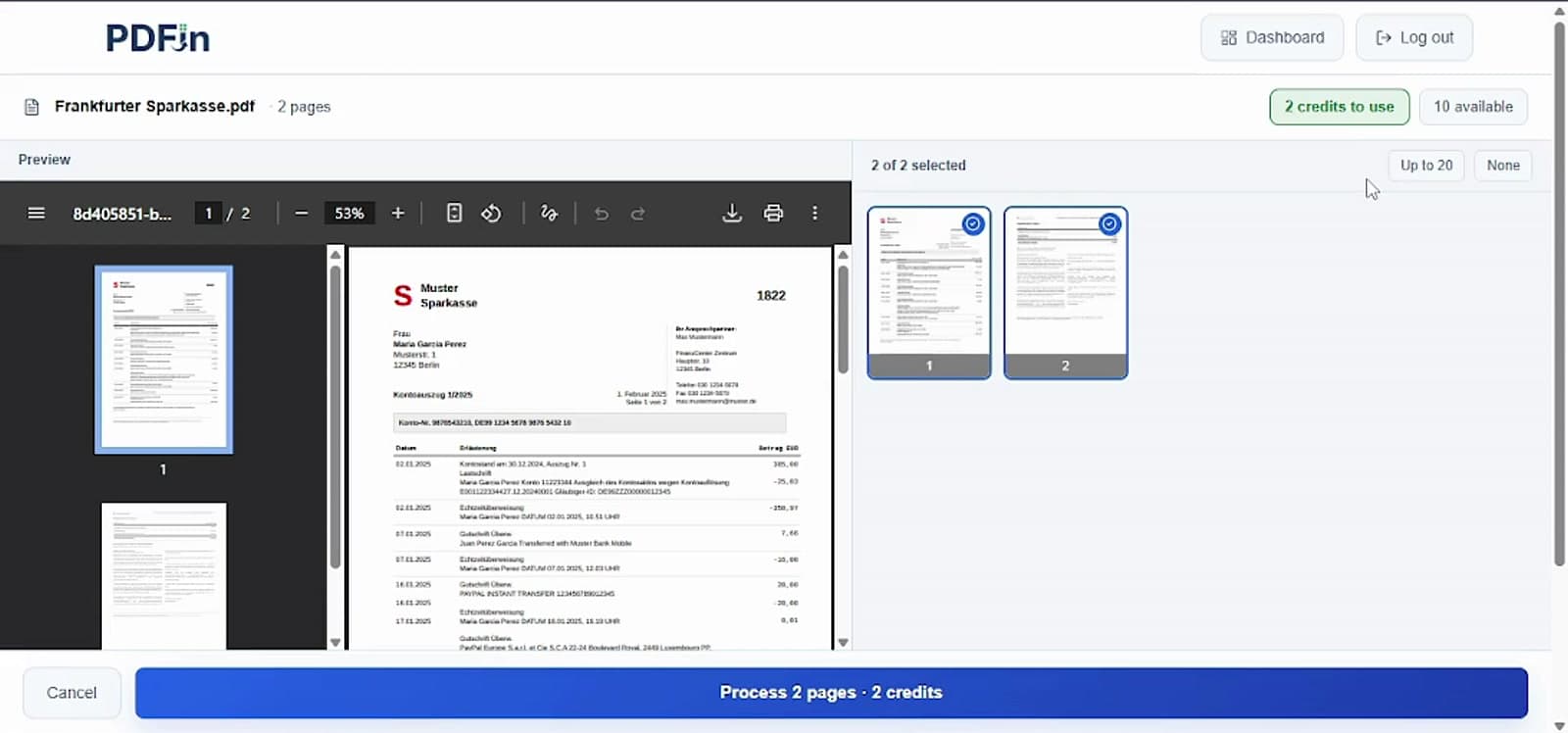 PDFin page selection screen with two bank statement pages selected