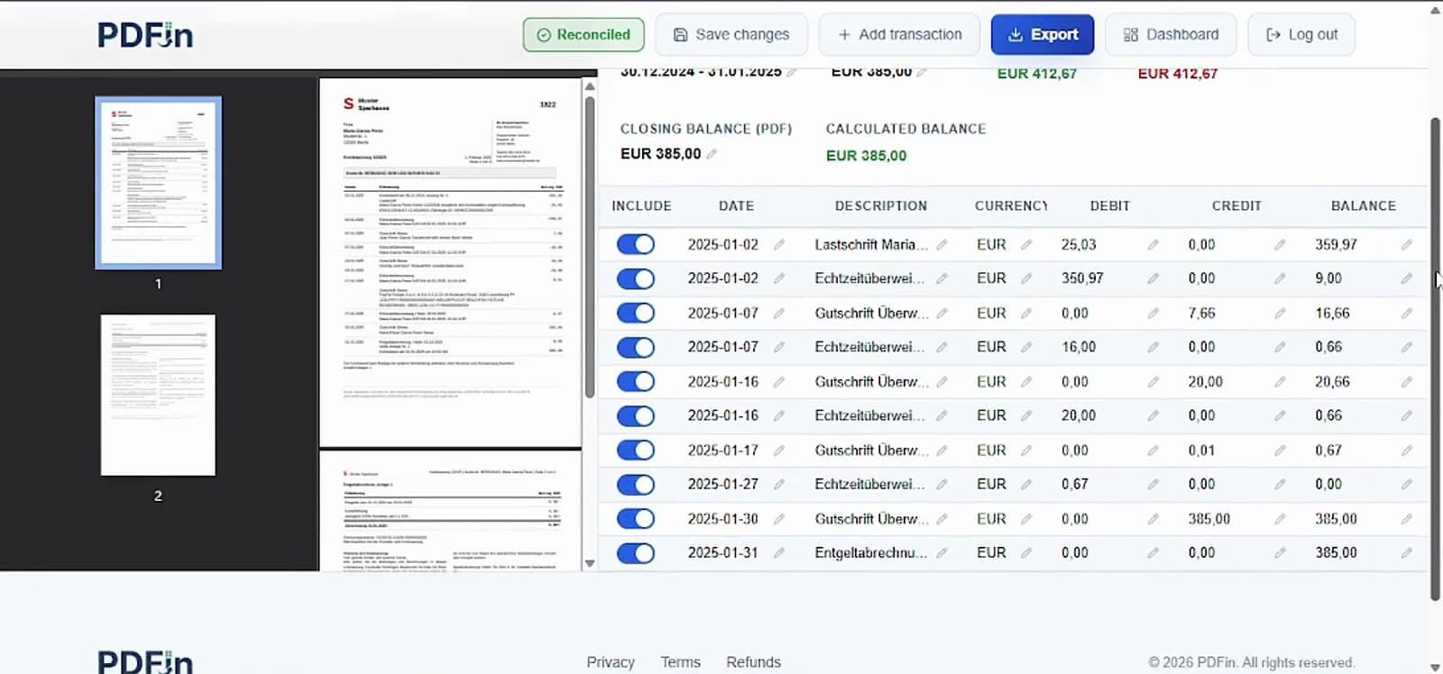 PDFin workspace showing the original bank statement PDF and extracted transaction rows