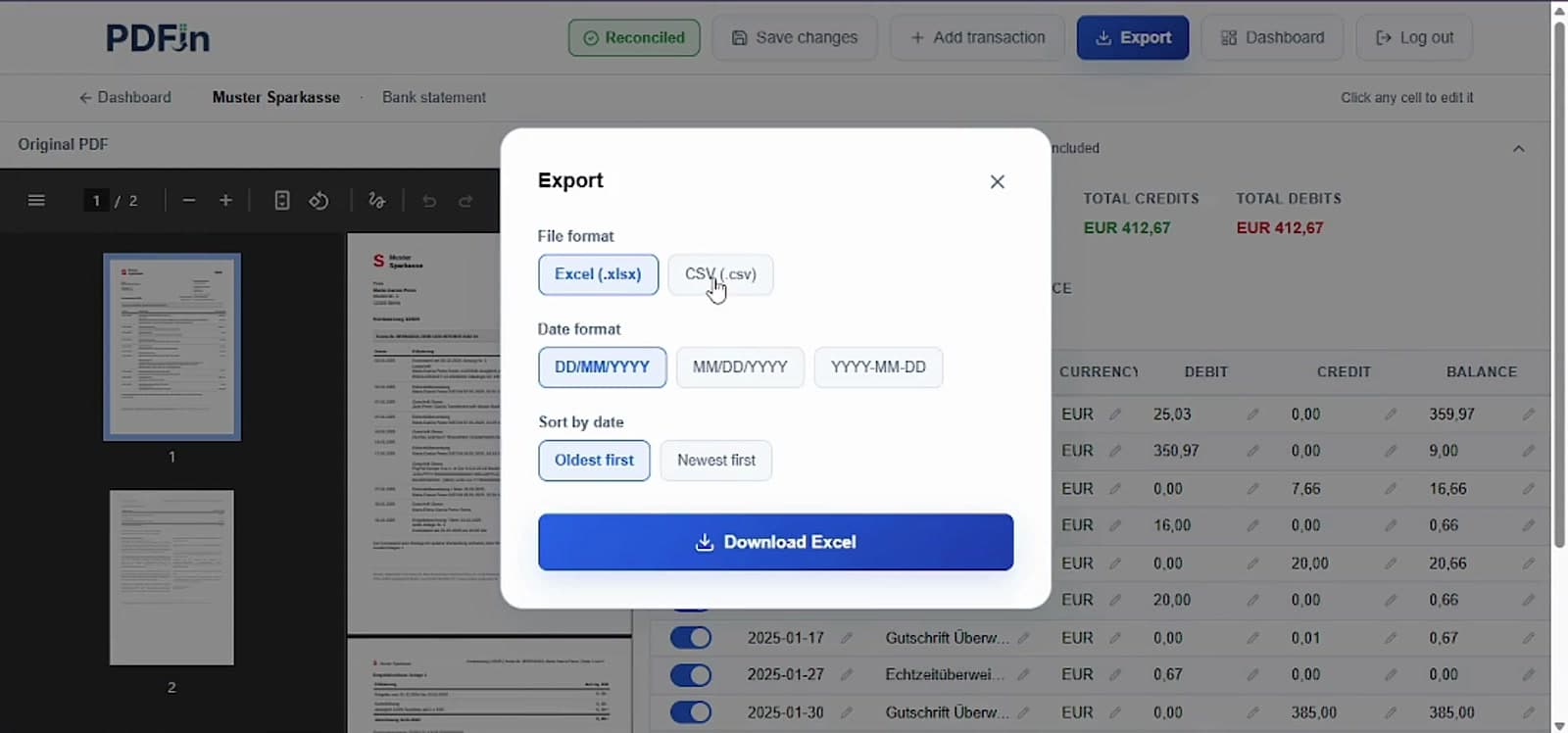 PDFin export dialog with Excel and CSV format options