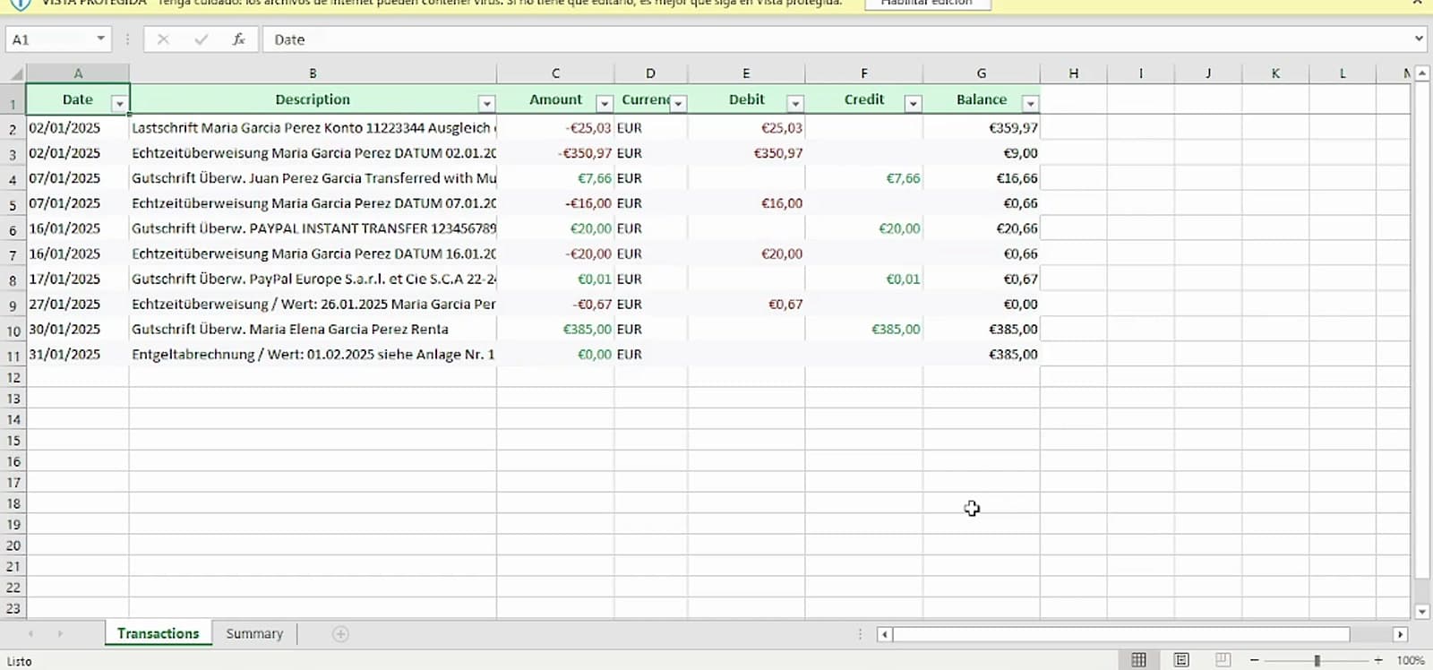 Excel Transactions sheet exported from PDFin with bank statement transactions