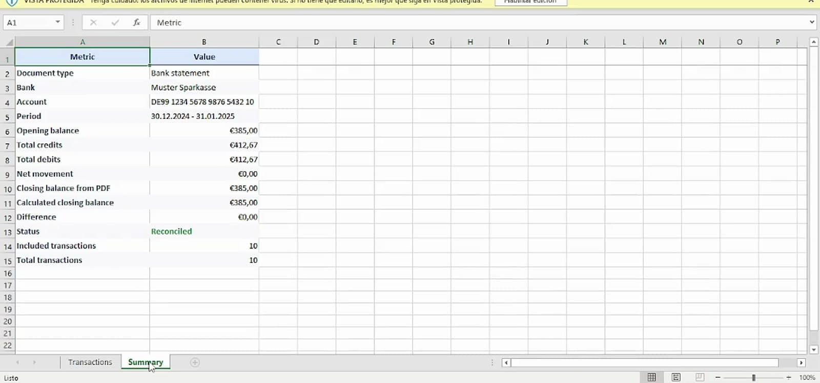 Excel Summary sheet exported from PDFin with bank statement reconciliation metrics
